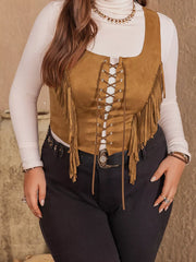 Caramel faux suede vest with fringe and lace-up front detail.