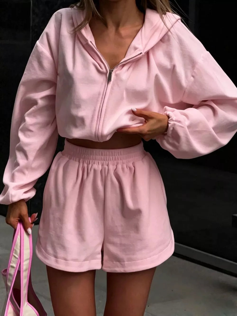 Long Sleeve Zip-up Hoodie And Shorts Set, fabric detail