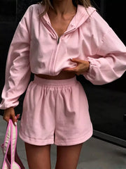 Long Sleeve Zip-up Hoodie And Shorts Set, fabric detail