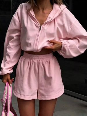 Long Sleeve Zip-up Hoodie And Shorts Set, fabric detail