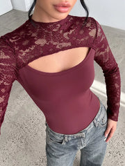 Intricate Lace Cut-out Bodysuit With Flare Sleeves