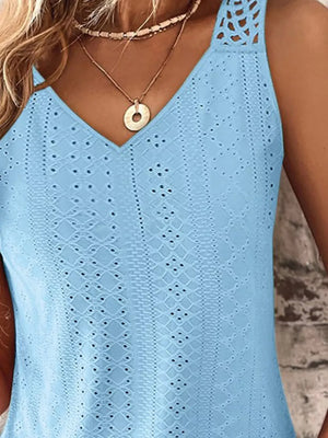 Sky blue eyelet lace V-neck tank top with intricate pattern detail.