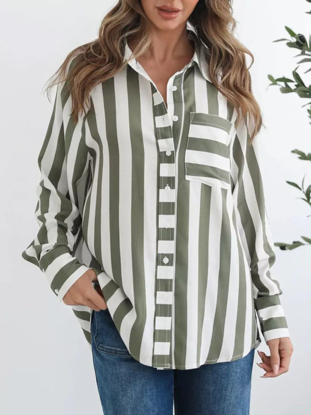 Maternity striped button-front shirt in army green and white with chest pocket