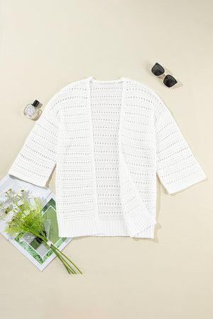 White open-knit dolman sleeve cardigan with breathable acrylic fabric and a casual boho style.