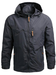 Men's dark blue hooded windbreaker jacket with zip pockets and embroidered logo.
