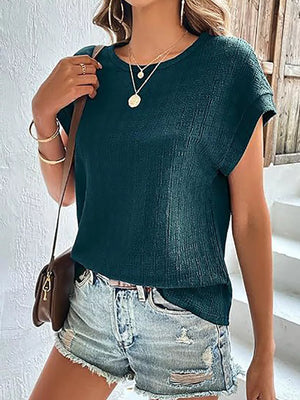 Textured Round Neck Short Sleeve Top in Malachite Green, side view