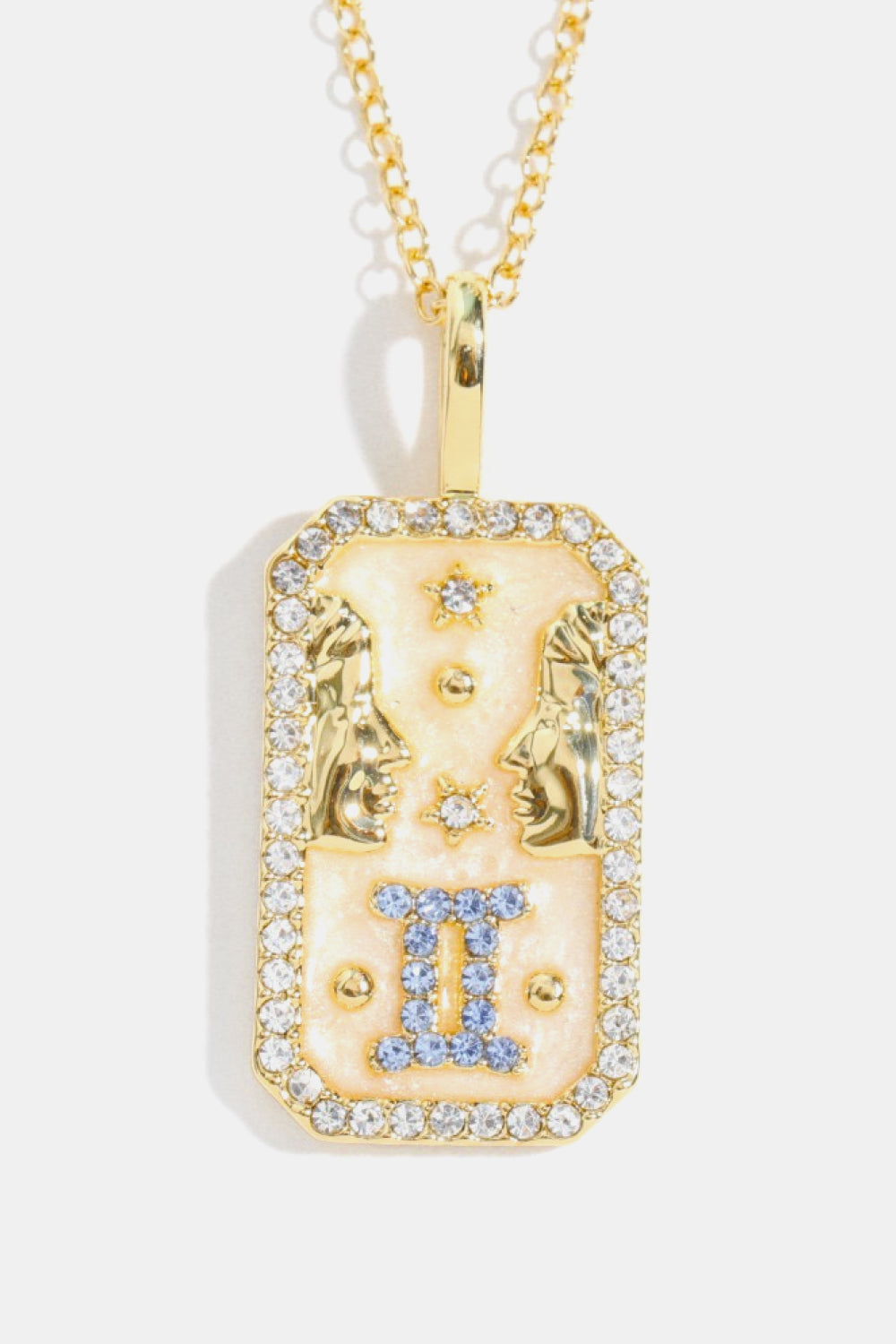 14K gold-plated Gemini zodiac pendant necklace with crystal accents and enamel.