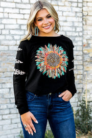 Black sweatshirt with sunflower graphic and cutout sleeves