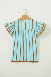 Light blue cotton blend blouse with brown vertical stripes, ruffled sleeves, and scalloped trim.