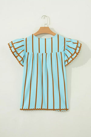 Light blue cotton blend blouse with brown vertical stripes, ruffled sleeves, and scalloped trim.