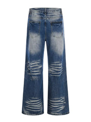 Men's light blue vintage wash wide leg jeans with distressed details