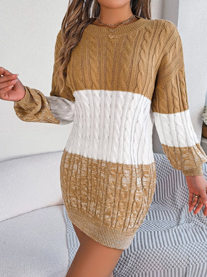 Colorblock cable knit mini dress in camel, white, and camel with crew neck and long sleeves.