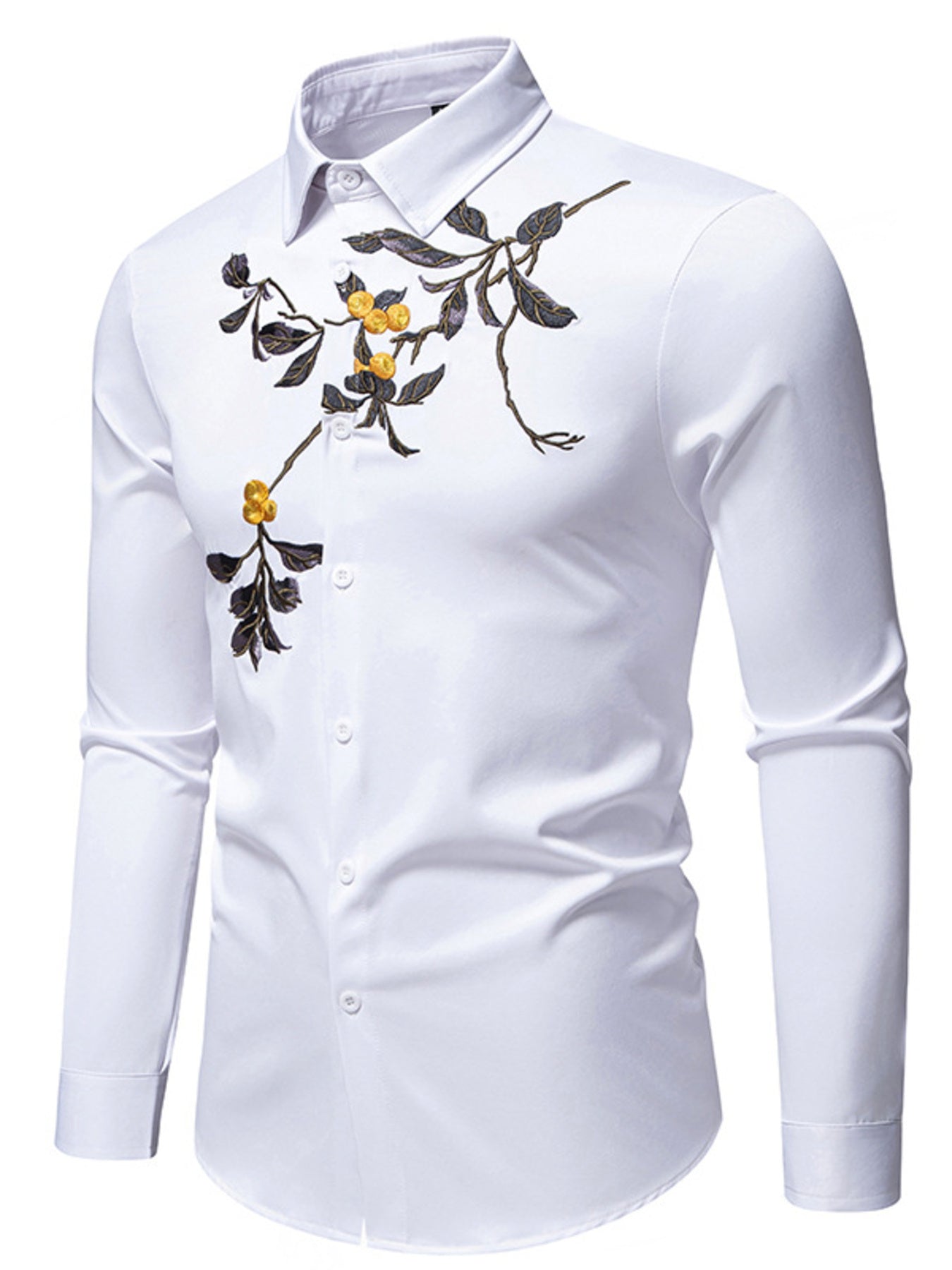 White cotton button-down shirt with embroidered floral branch detail on chest.