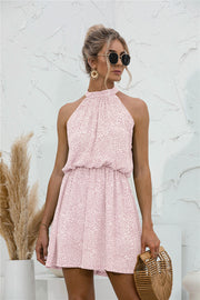 Blush pink floral halter neck mini dress with elastic waist