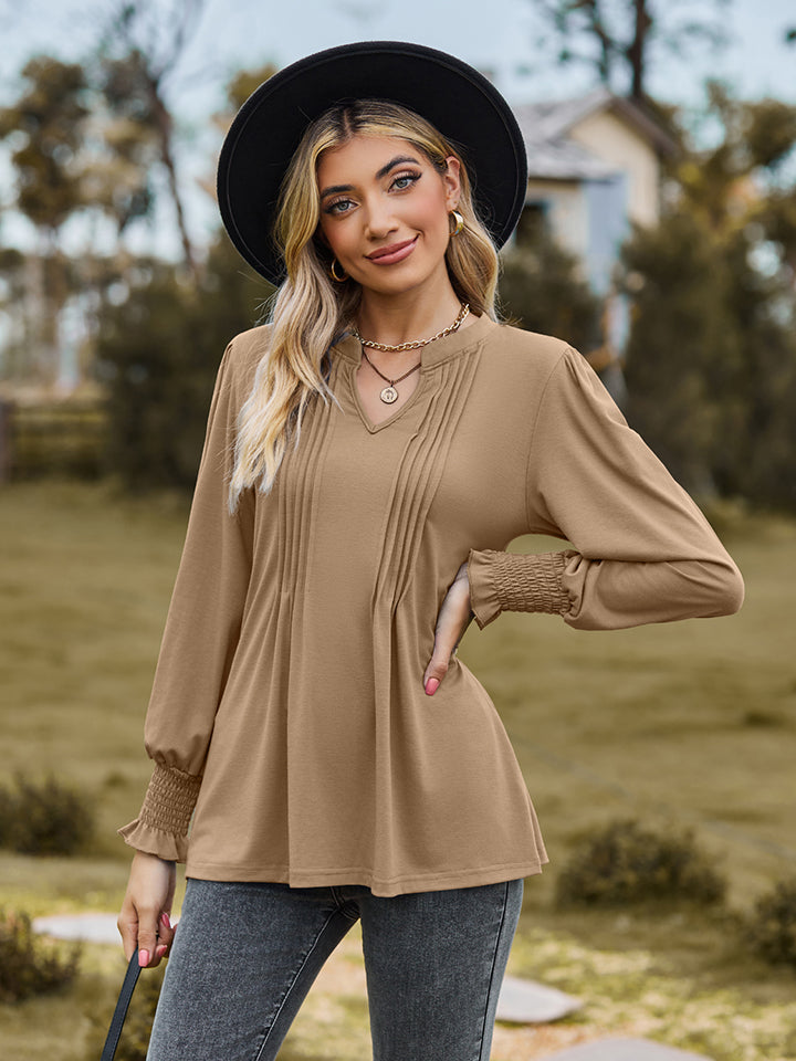 Khaki long sleeve blouse with pleated yoke and shirred cuffs