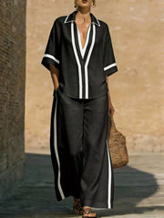 Contrast Trim Two-piece Top And Pants Set Plus Size, close-up detail