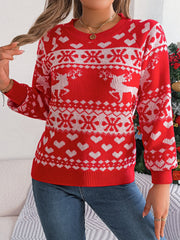 Red acrylic sweater with white reindeer, snowflake, and heart jacquard knit pattern.