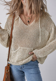 Beige open-knit V-neck hoodie pullover with front pocket and drawstring hood.