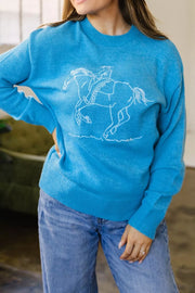 Western Embroidery Drop Shoulder Sweater in Sky Blue, close-up detail
