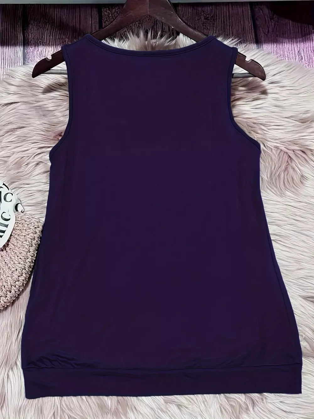 Purple V-neck tank top with ruched detail and eyelet accents