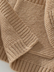Camel chunky knit open-front cardigan with pockets and ribbed cuffs.