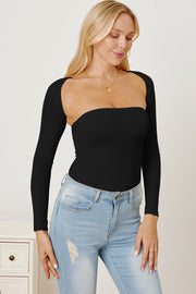 Black long sleeve bodysuit with square neckline and open back detail