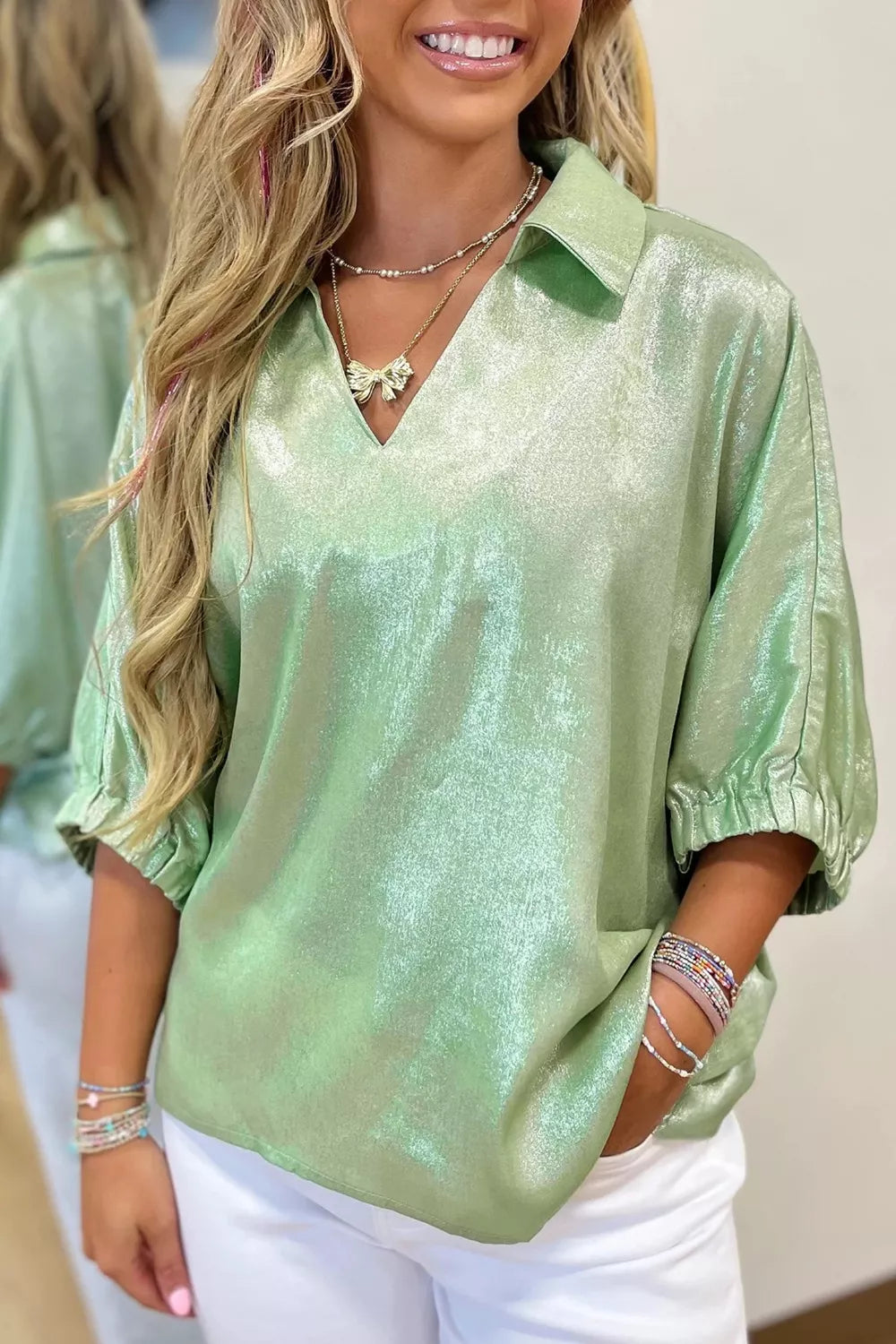 Textured Johnny collar blouse in Gum Leaf with elastic cuffs and V-neck