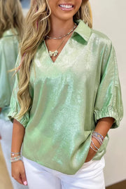 Textured Johnny collar blouse in Gum Leaf with elastic cuffs and V-neck