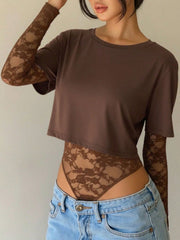 Brown lace bodysuit with sheer long sleeves and a cropped top overlay.