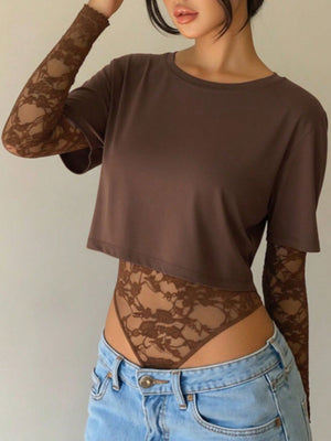 Brown lace bodysuit with sheer long sleeves and a cropped top overlay.