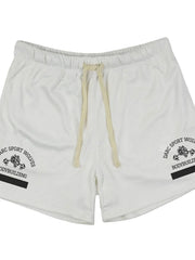 White mesh sport shorts with drawstring and bodybuilding graphic detail.