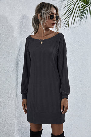 Dark gray waffle knit mini dress with off-shoulder boat neck and long sleeves.