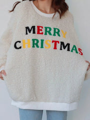 Beige sherpa sweatshirt with colorful "Merry Christmas" embroidery, crewneck, long sleeves.