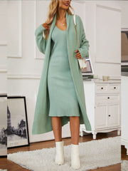 Ribbed knit midi dress and duster set in Gum Leaf acrylic, with a V-neck cami dress and long open cardigan.
