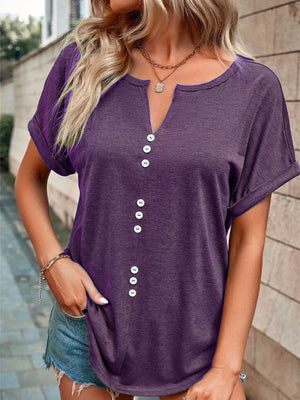 Purple short sleeve t-shirt with V-neck and decorative buttons