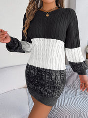 Colorblock cable knit mini dress in black, white, and grey acrylic.