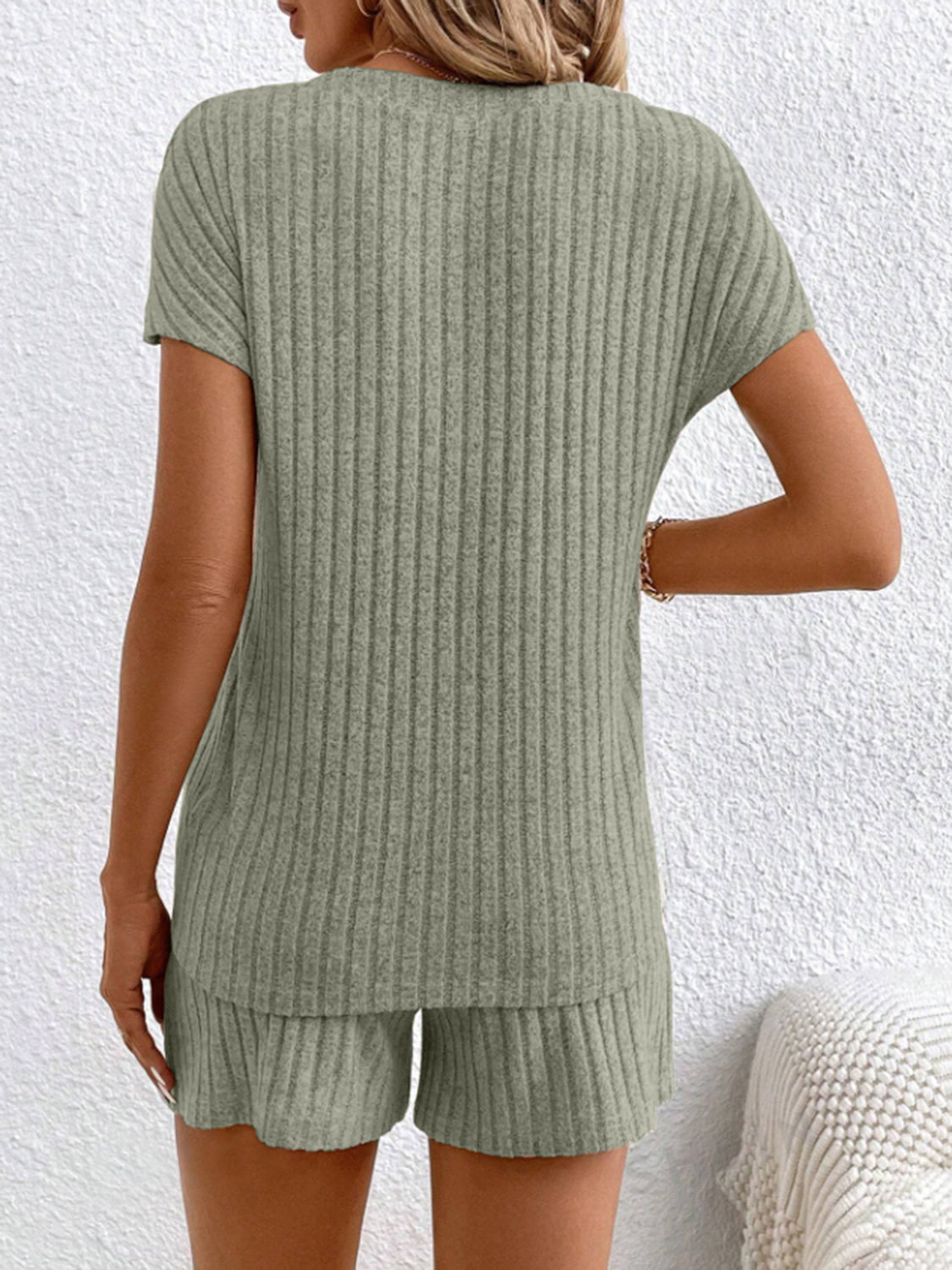 Sage ribbed knit loungewear set with short sleeves and shorts.