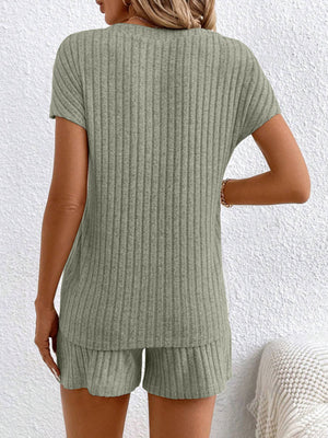 Sage ribbed knit loungewear set with short sleeves and shorts.