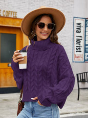 Purple cable-knit acrylic sweater with a high neck and relaxed fit.