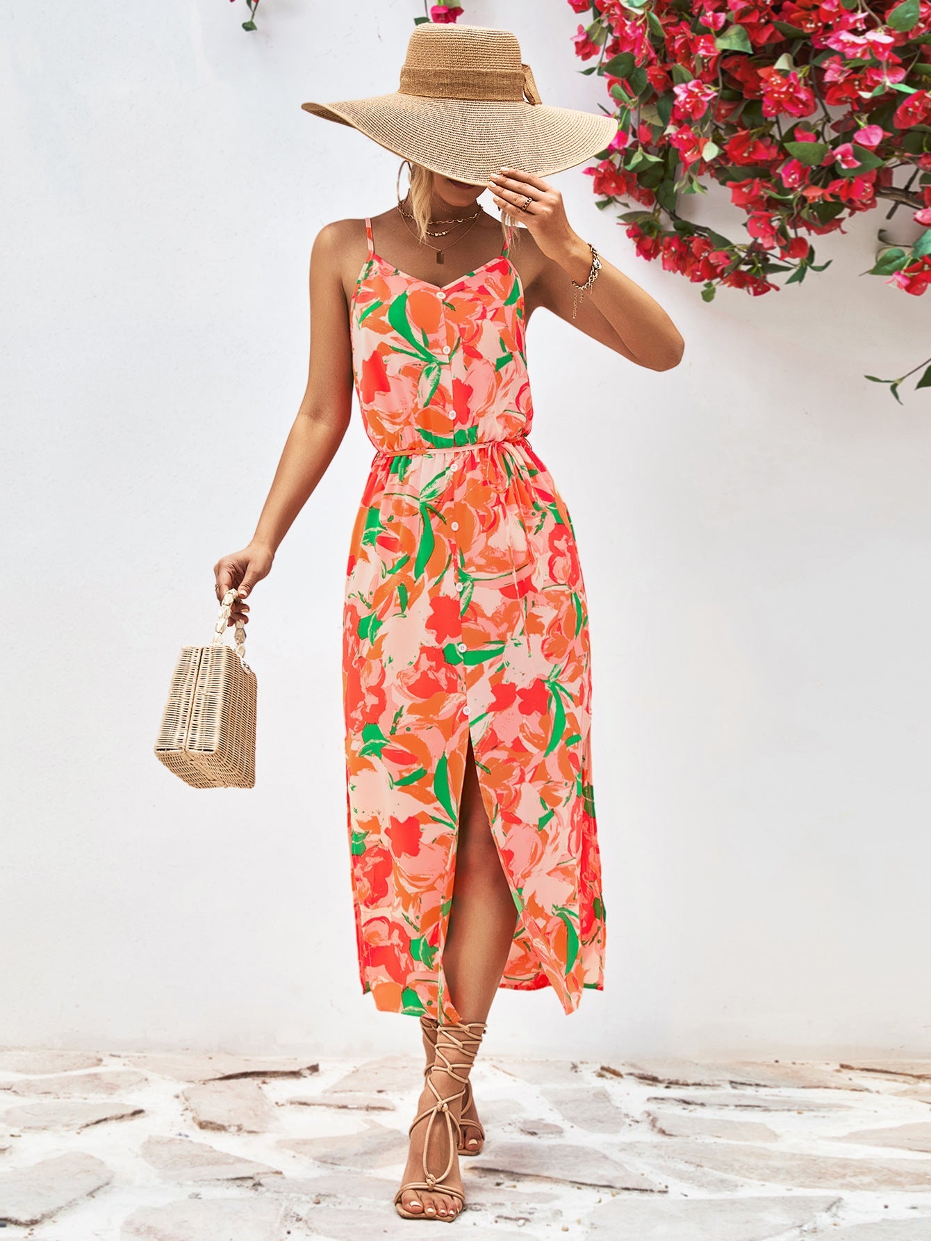 Red-Violet floral print midi dress with cami straps, button-down front, and side slit.