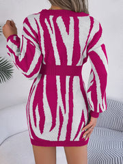 Zebra stripe knit fit-and-flare dress in cerise with long sleeves and a belted waist.