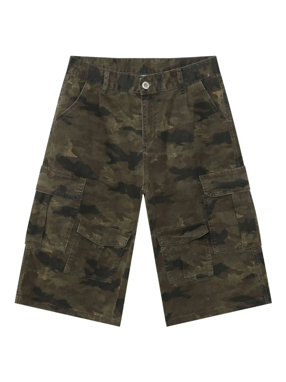 Camo culotte cargo shorts in green camouflage with multiple pockets.