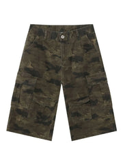 Camo culotte cargo shorts in green camouflage with multiple pockets.