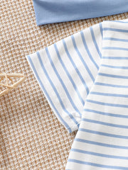 Baby bodysuit set with blue and white stripes and a solid blue top.