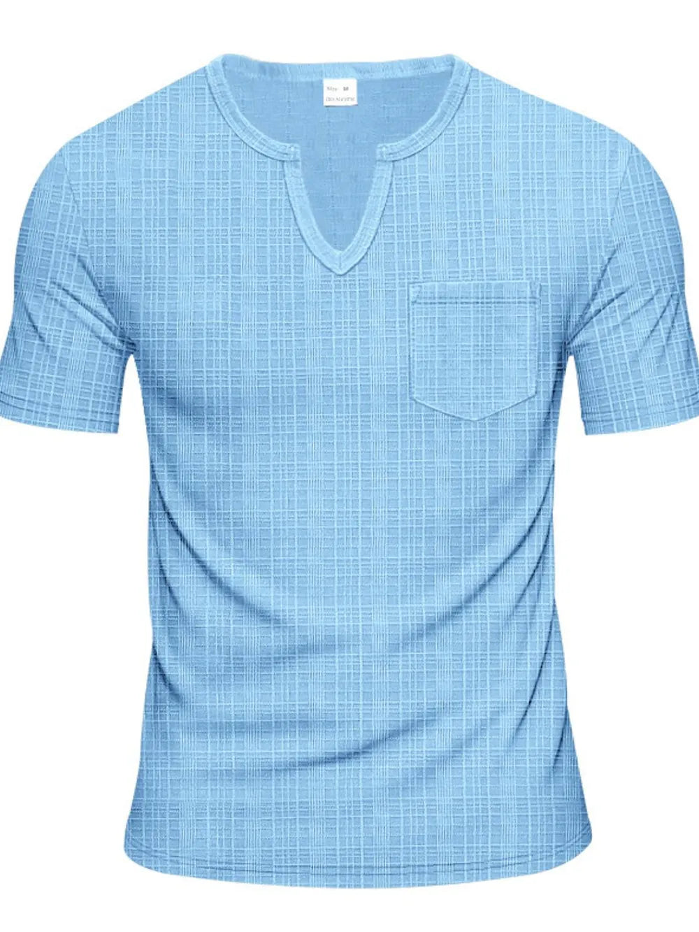 Pastel blue textured notch neck tee with short sleeves and a chest pocket.