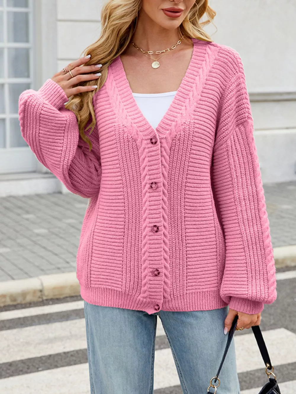 Cable Knit Button-up Cardigan in Black, view 13