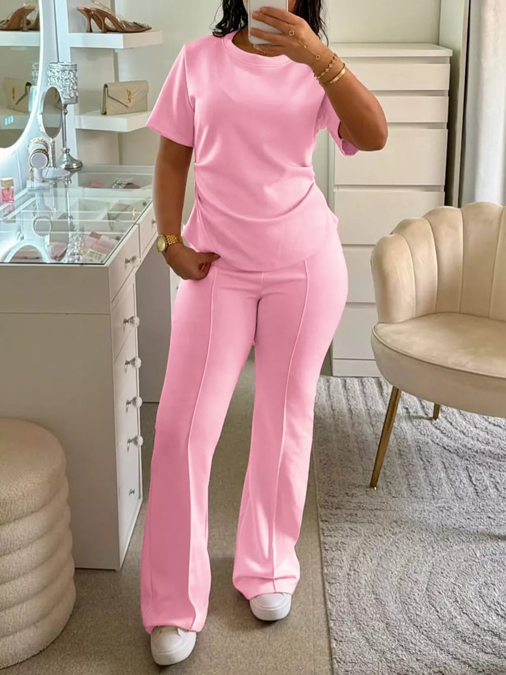 Round Neck Short Sleeve Top And Pants Set in Pink Purple, front view