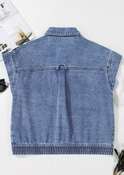 Boxy medium wash denim vest with shoulder detail and elasticized hem