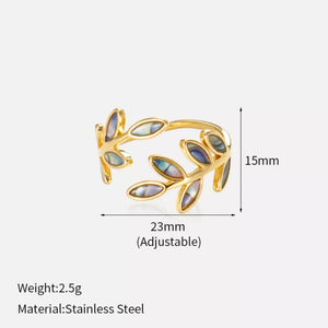 Gold bypass ring with leaf design and iridescent inlay, adjustable