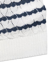 Chic white knit cardigan with navy stripes and openwork diamond pattern.